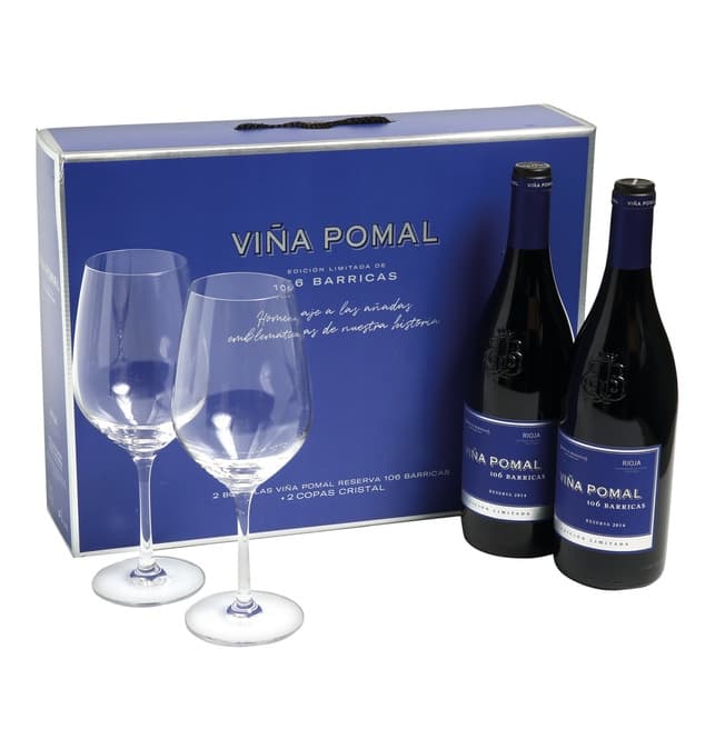 Estuche de vino tinto Viña Pomal 106 Barricas con 2 copas
