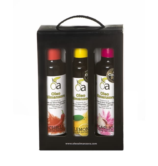 Aceite de oliva virgen extra aromatizado de limón, guindilla y ajo, estuche 3 x 250 ml