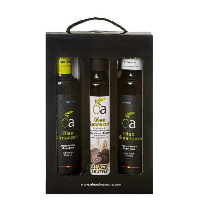 Aceite de oliva virgen extra arbequina, koroneiki y trufa negra, estuche 3 x 250 ml